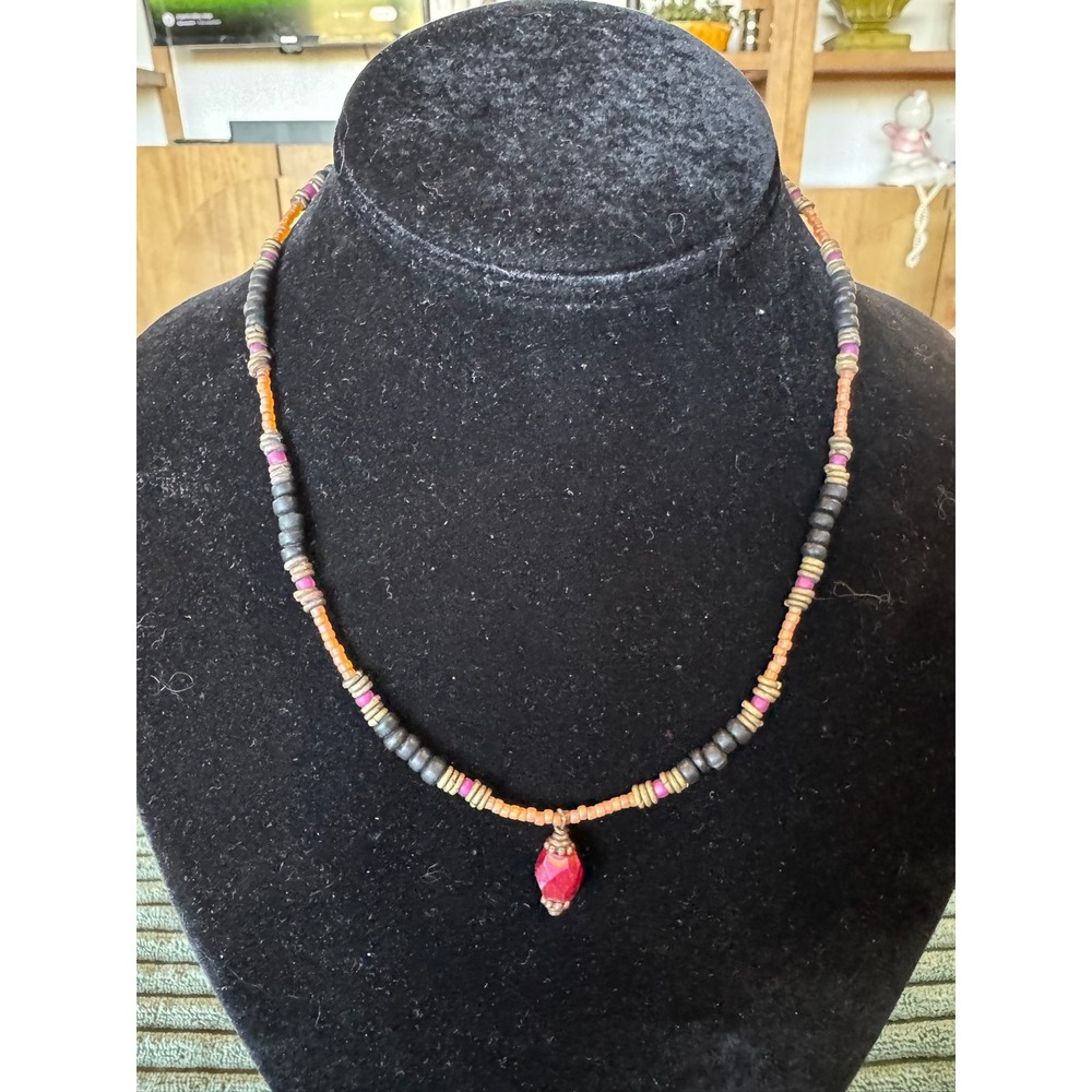 Boho Beaded‎ Necklace Red Pendant Bronze Clasp Tribal Style Bohemian Fashion